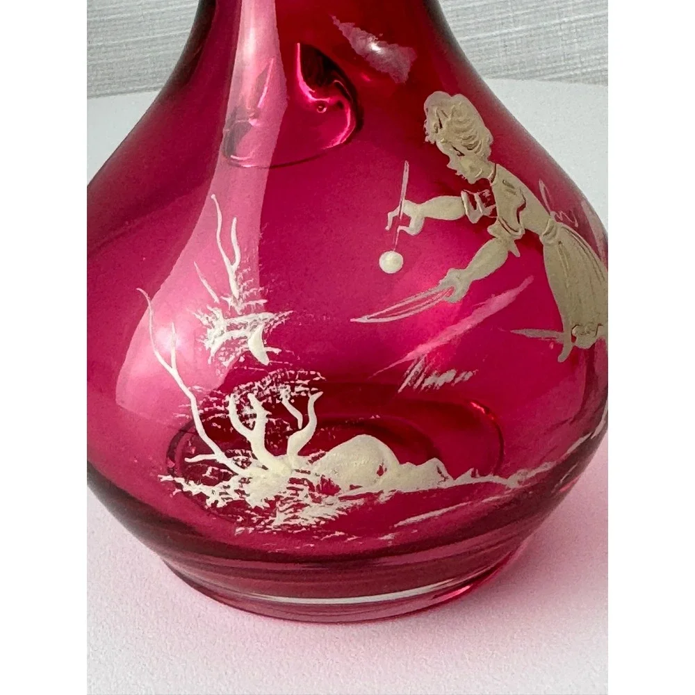 Vintage Mary Gregory Style Cranberry Glass Decanter Pink Enamel Girl 7.5in Good